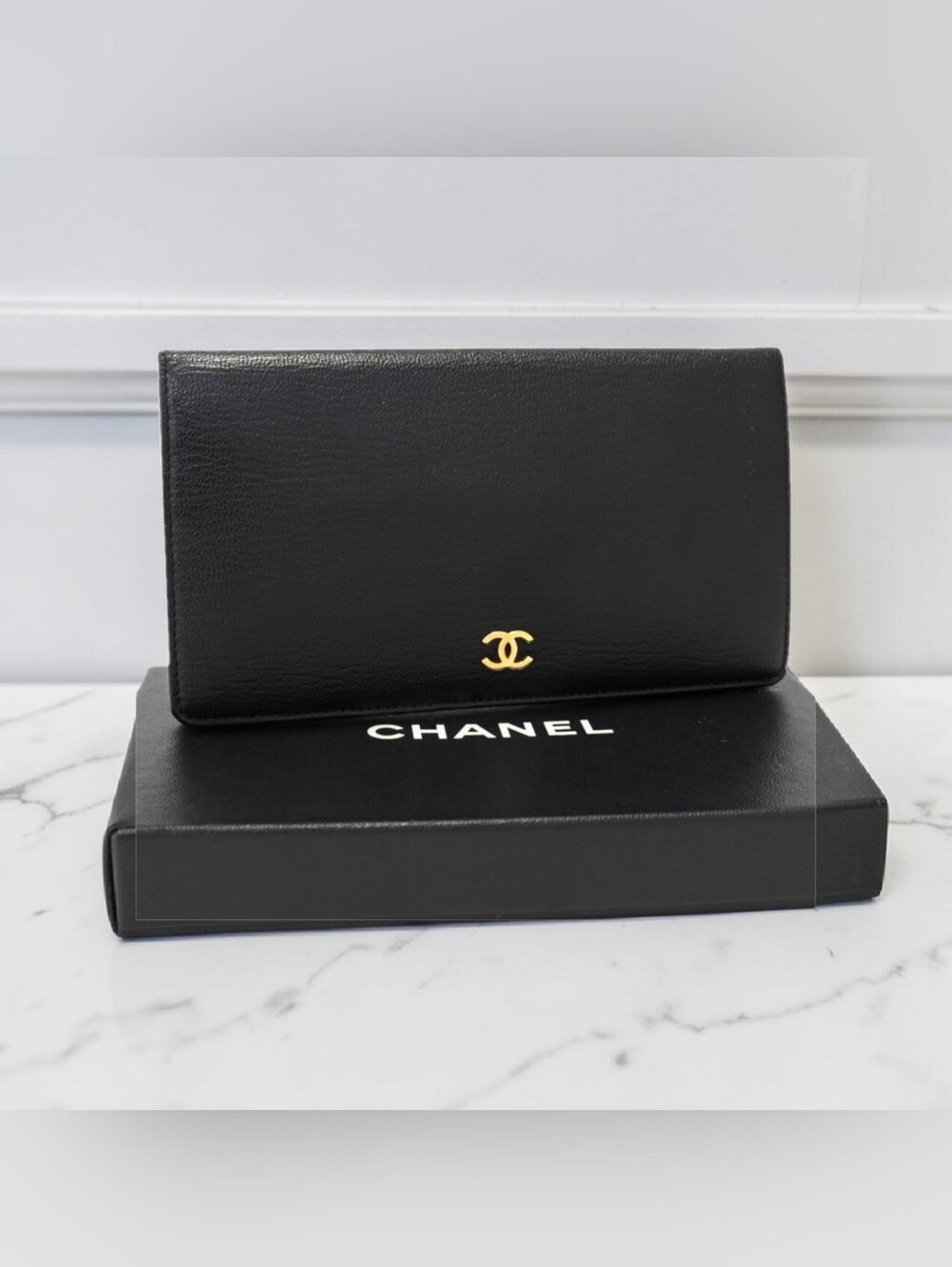 Authentic Chanel Black Leather Wallet W/Black Authenticity Card &Box W/COA